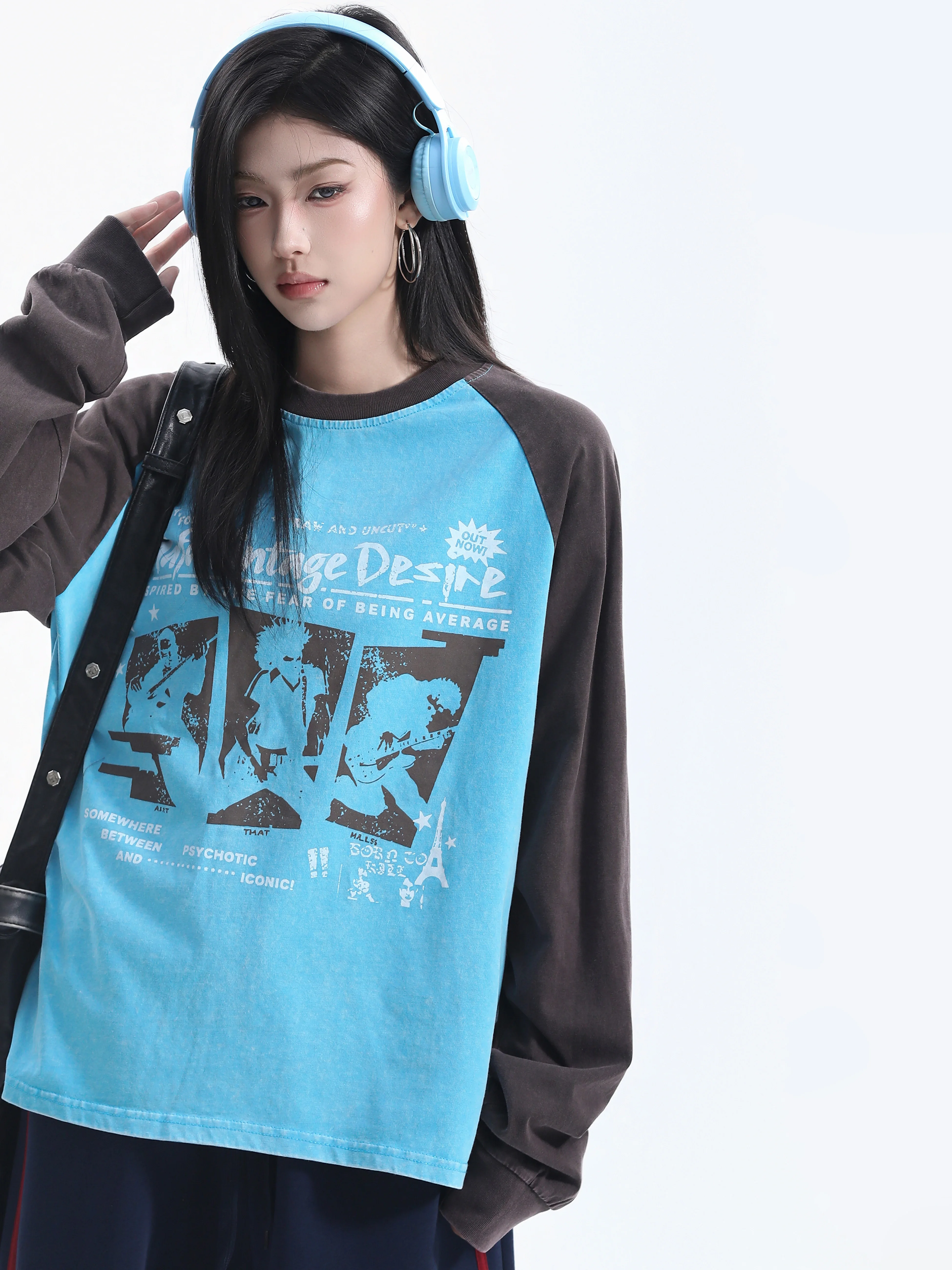 Oversize Shoulder T-Shirt Women's Poster Print Long Sleeve Street Style Cotton Casual Loose Fit round Neck for Couples