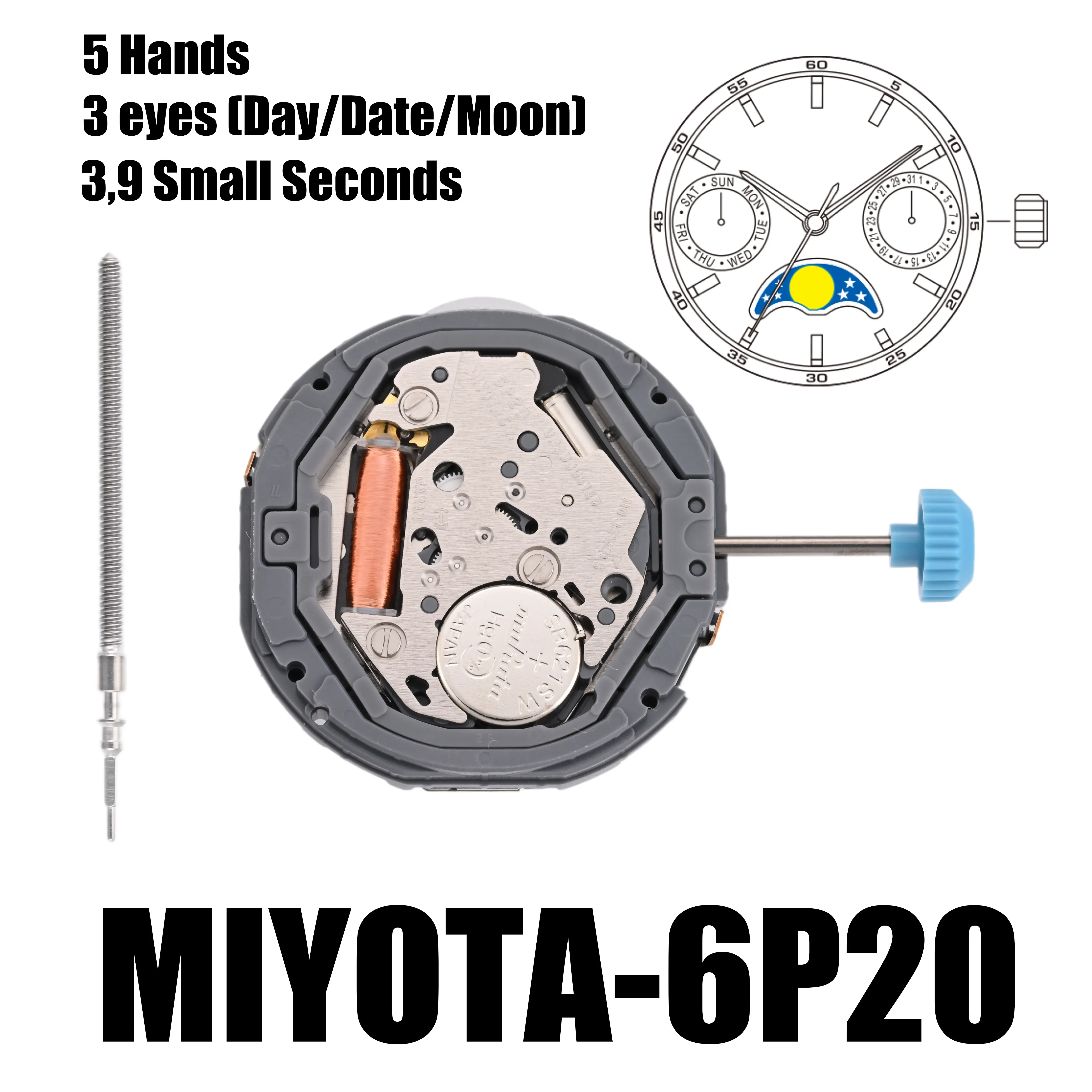 Genuine 6P20 Movement Japanese Miyota 6P20 Movement  3 Eyes (Day/Date/Moon)Moon-Phase Multi-Function Movement.Size:10 1/2''' Hei