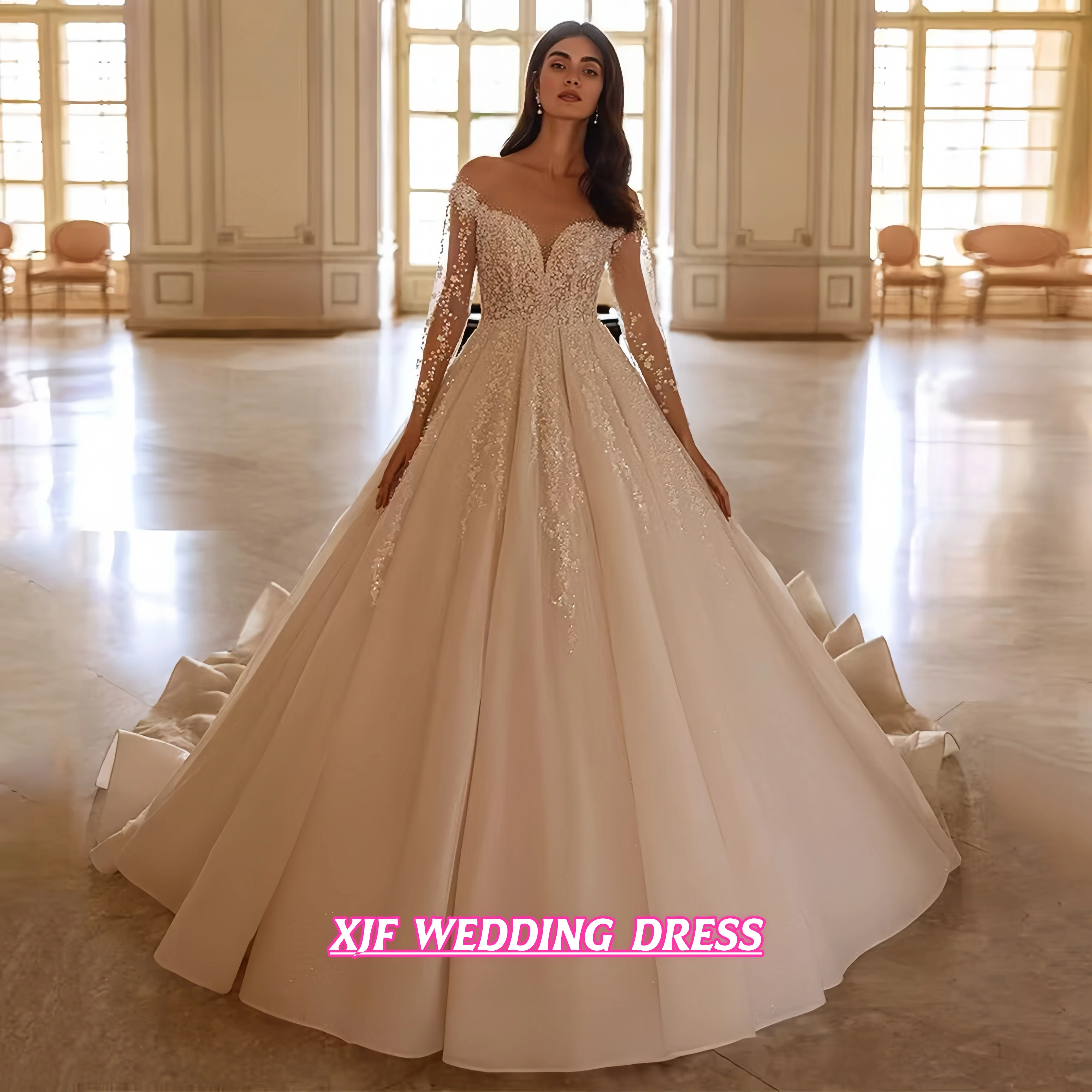 Maßgeschneidertes Funkelndes Transparentes Brautkleid mit Rundhalsausschnitt und Langen Ärmeln, Perlen und Pailletten Verziertes Ballkleid, Brautkleider mit Schleppe, Vestido N