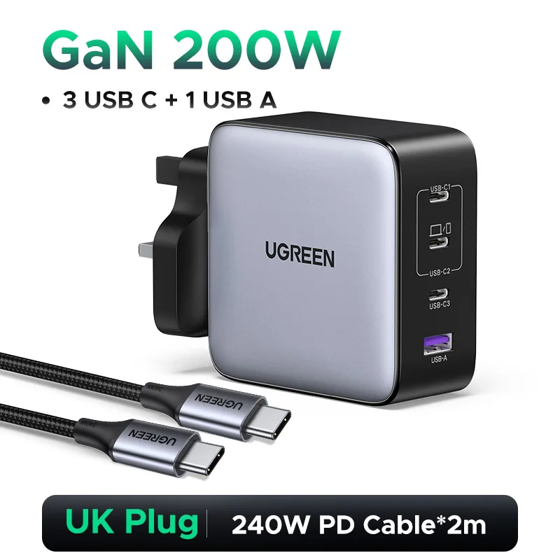 UGREEN 200W Travel GaN Charger PD 3.1 140W QC4.0 3.0 Quick Charge voor Macbook Pro Laptops iPhone 16 15 Samsung S25 Xiaomi Tablet