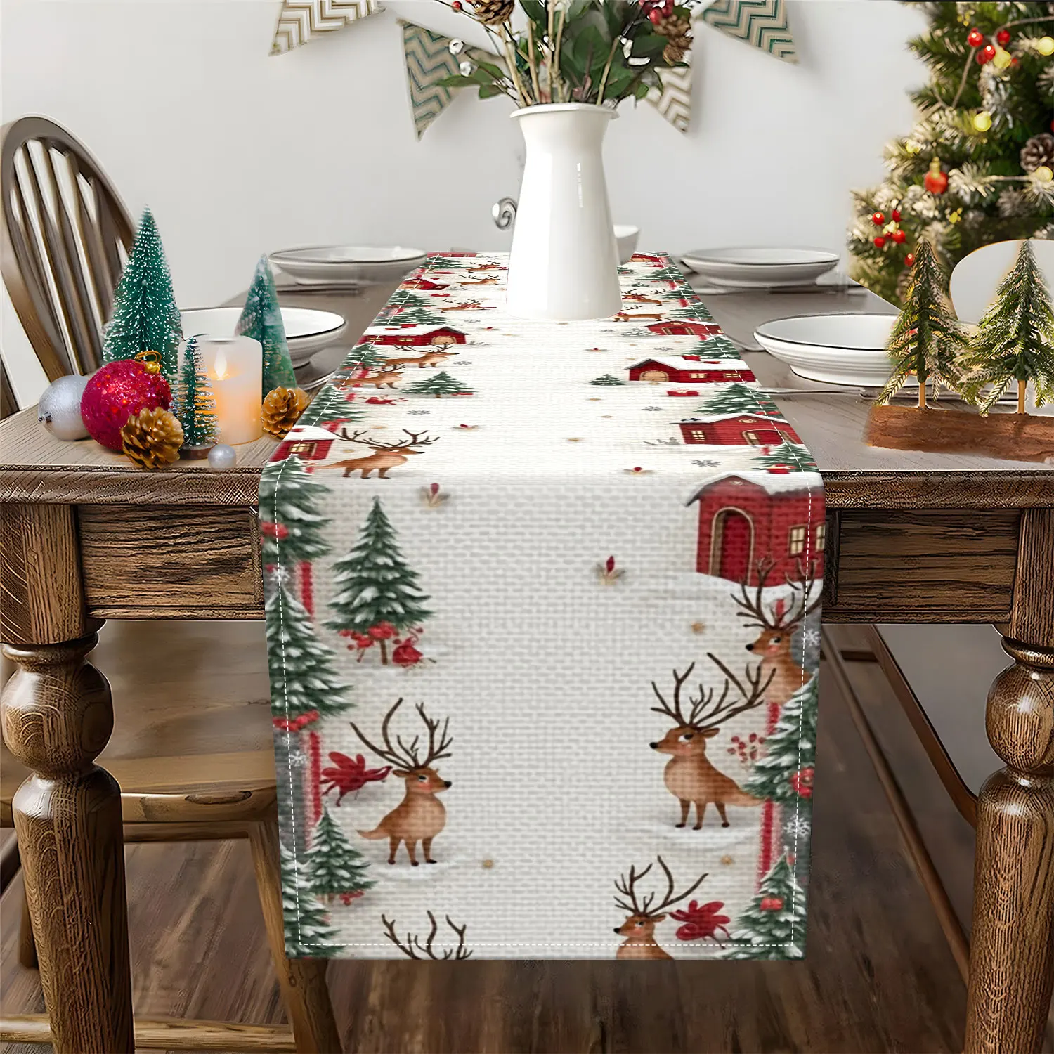1 Piece of Christmas-Themed Table Runner, Featuring Santa Claus, Reindeer, Snow-Covered Cabins, Etc., Suitable for Christmas Parties and Holiday Home Decoration