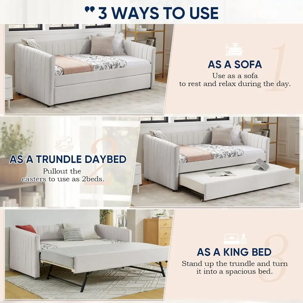 Linen Full Size Daybed with Pull-Out Trundle, Striped Upholstered Sofa Bed, Suitable for Bedroom or Living Room, No Box Spring N - view 6