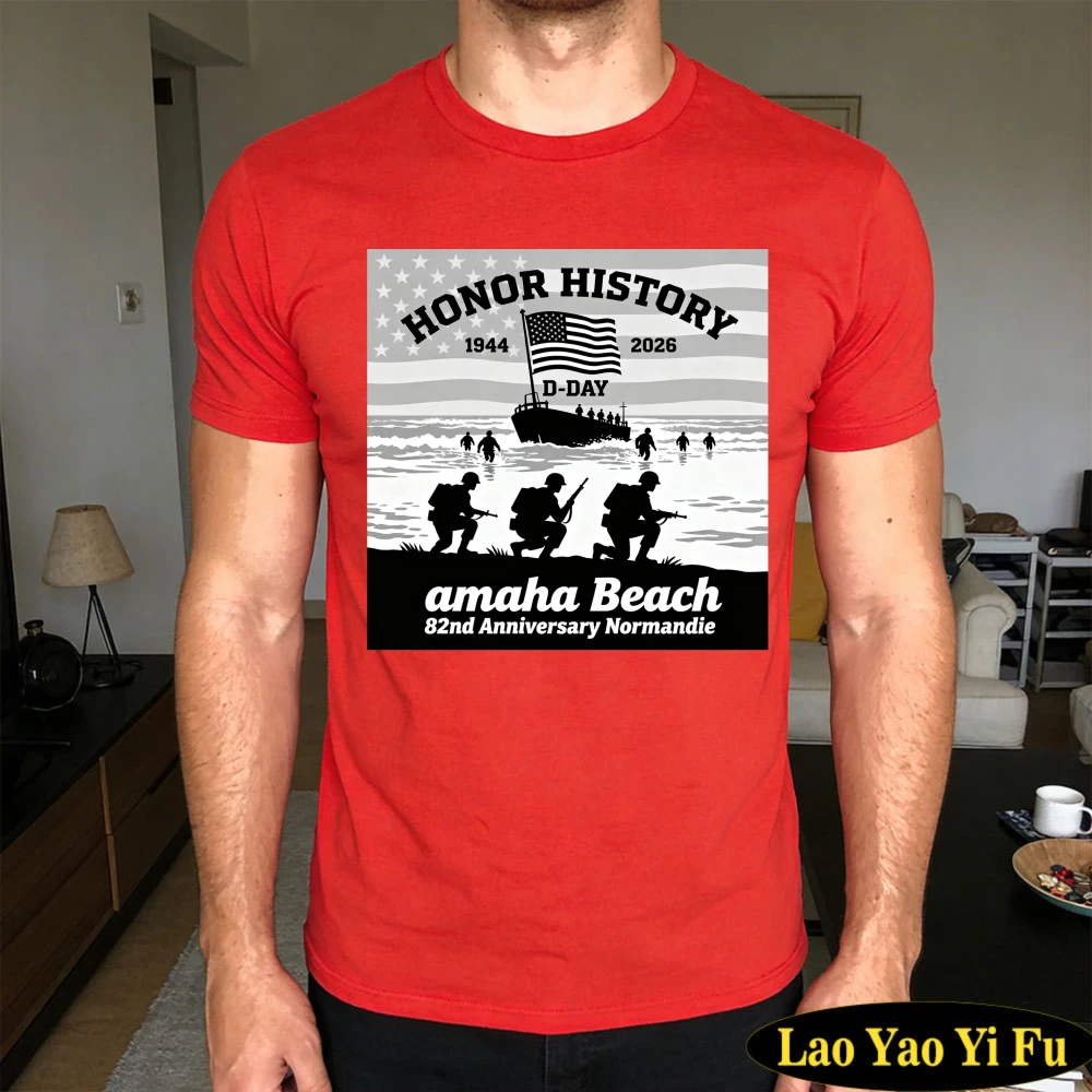 Men D-Day Omaha Beach 82nd Anniversary Normandie T-Shirt 1944-2026 Honor History Patriotic US Flag Print Short Sleeve Casual Tee view 4