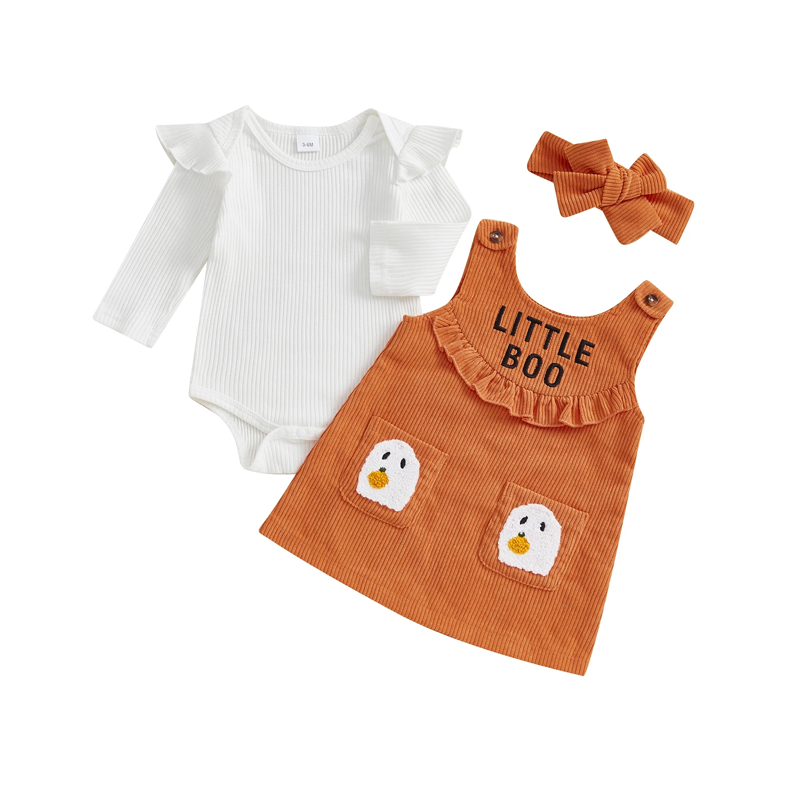 

Baby Girl Halloween Clothes Solid Long Sleeve Romper Ghost Embroidery Overall Dress Headband 3 Pcs Set