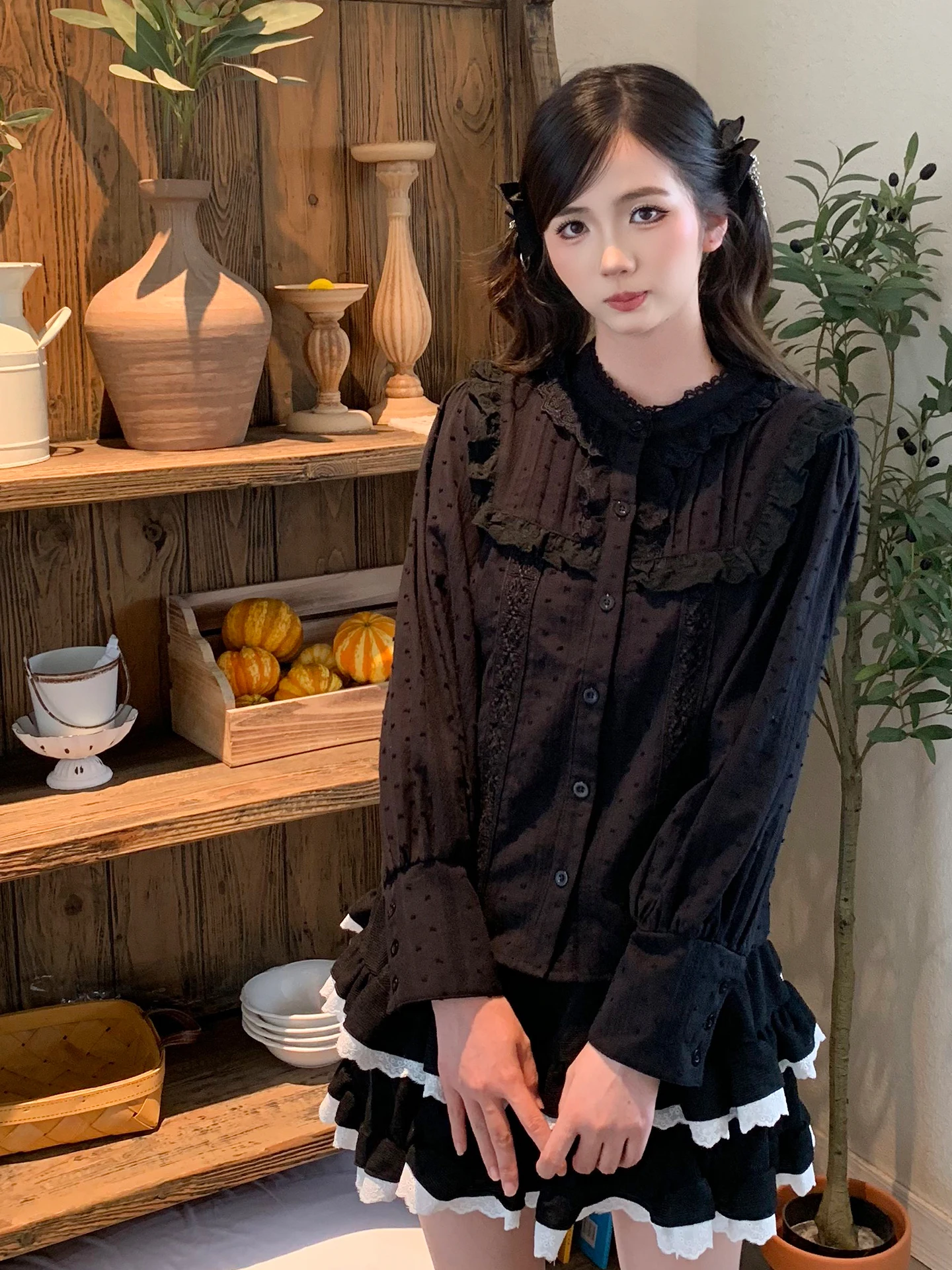 Lolita katoen zoete opstaande kraag kant lange mouw retro dieptepunt shirt lente herfst eenvoudige schattige prinses leeftijdsverminderende top