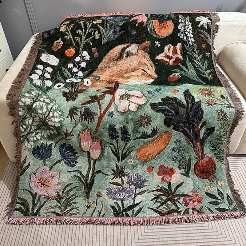 

Cozy Sleeping Cat Woven Blanket with Tassels Boho Retro Botanical Garden Tapestry Throw for Sofa Bed Cottagecore Home Decor Gift