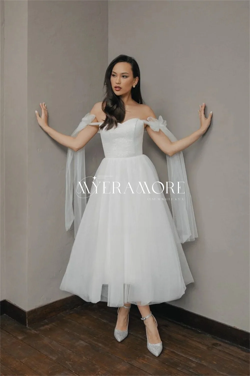 Simple A Line Wedding Dresses White Pleated Tulle Off Shoulder Tea Length Shiny Satin Bridal Gowns Korea Bride Dress Customized