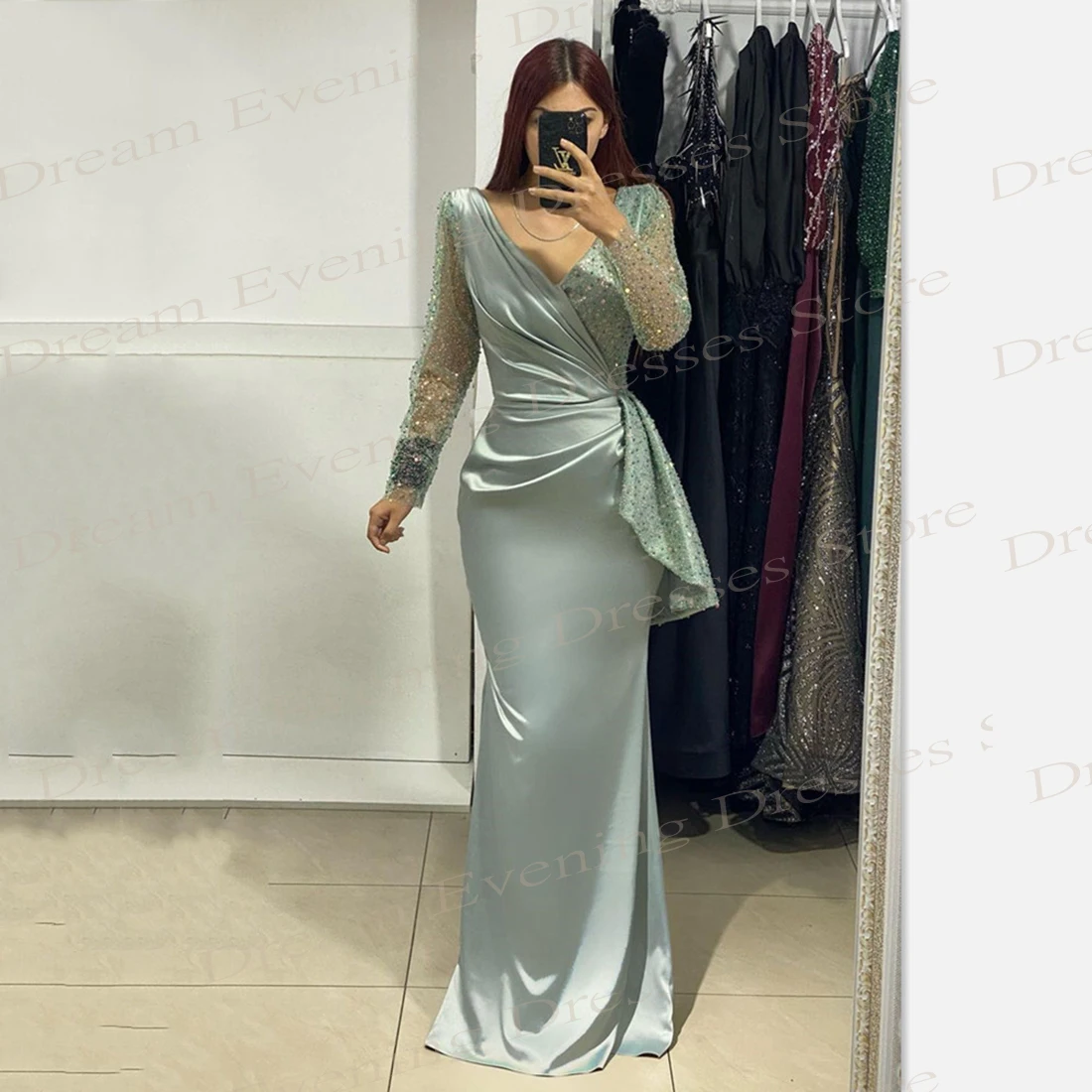 

2024 Popular Classic Women's Mermaid Generous Evening Dresses Simple Long Sleeve Beaded Prom Gowns Pleat Sequined Robe De Soiree