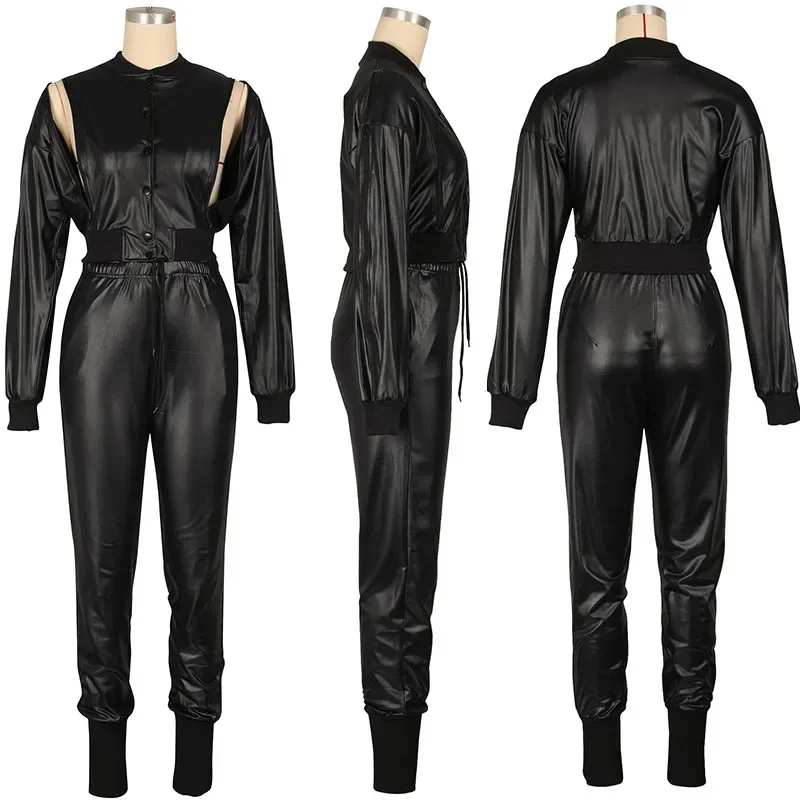 Streetwear PU Kunstleder 2-teiliges Set Damen Outfit Winter Y2K Kleidung Einreiher Reißverschluss Ausschnitt Kurze Jacke Tops und Hosen – Detail 6