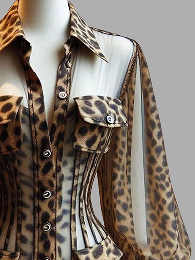 

Women's Leopard Print Sheer Corset Blouse Sexy Mesh Long Bell Sleeves Button Up Slim Fit Summer Elegant Office Ladies Chic Shirt