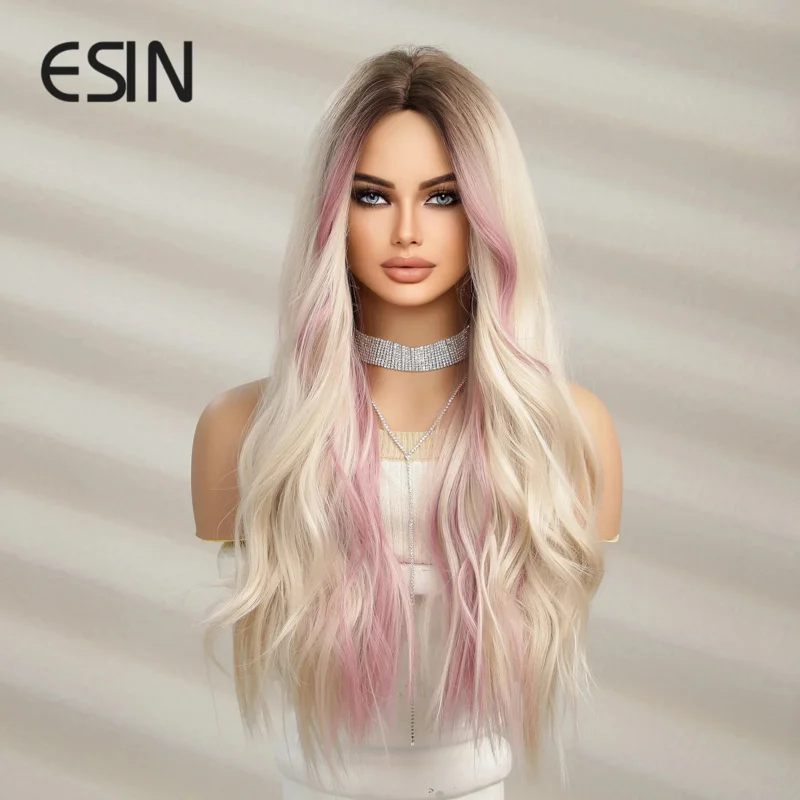 ESIN Synthetic Hair Long Water Wave Ombre Dark Root to Blonde Mixed Pink Middle Part Wigs for Women Natural Party Heat Resistant