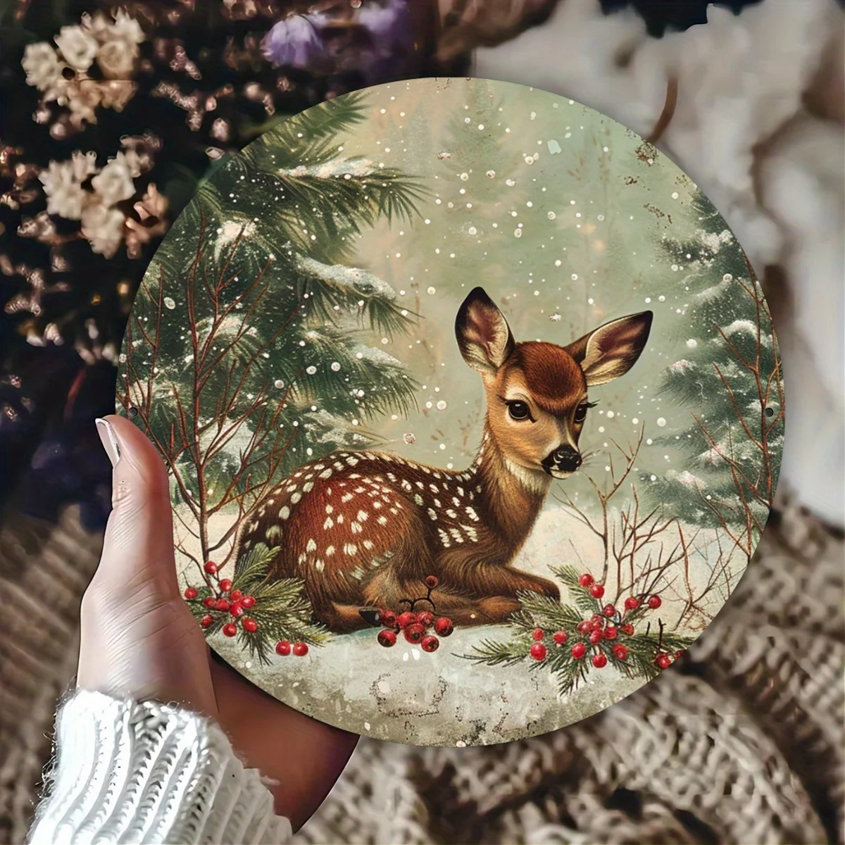 Rustikales Weihnachts-Hirsch-Wandschild aus Aluminium, 20,3 x 20,3 cm, rundes Kranzdekor, langlebig und leicht zu reinigen, für Zuhause, Küche, Büro, Kunst C