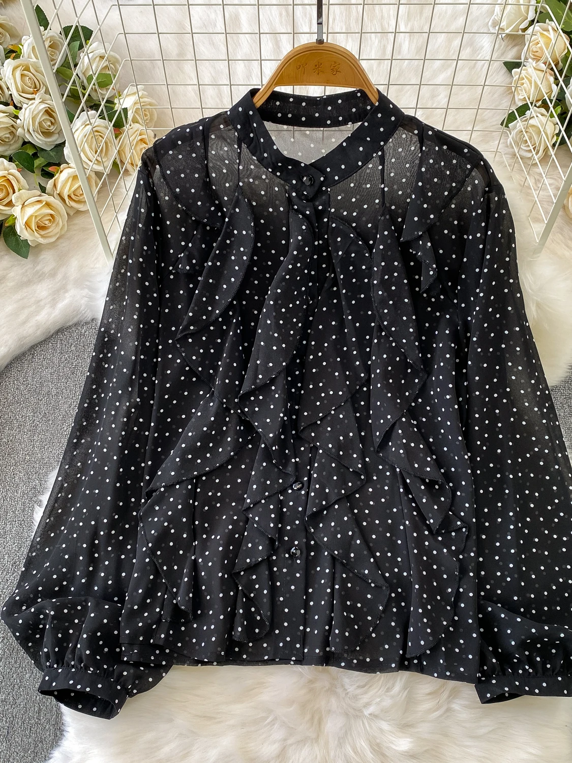 

Sweet Girl Summer Casual Loose irt Women's round Ne Flounce Hem Chiffon Top Korean Sle Commute Long Sve No ket