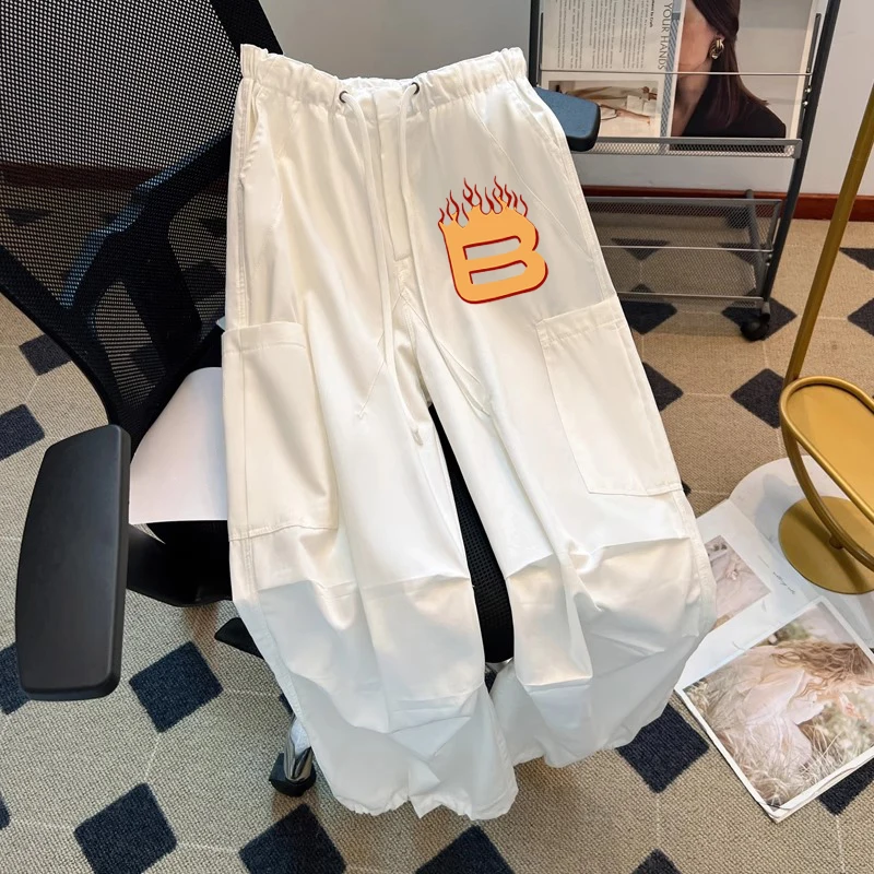 American Sle Weiße, dünne Dstring-Arbeitshose für Herren, Sommer, trendiges Design, lockere Passform, alle gerade Beinhosen