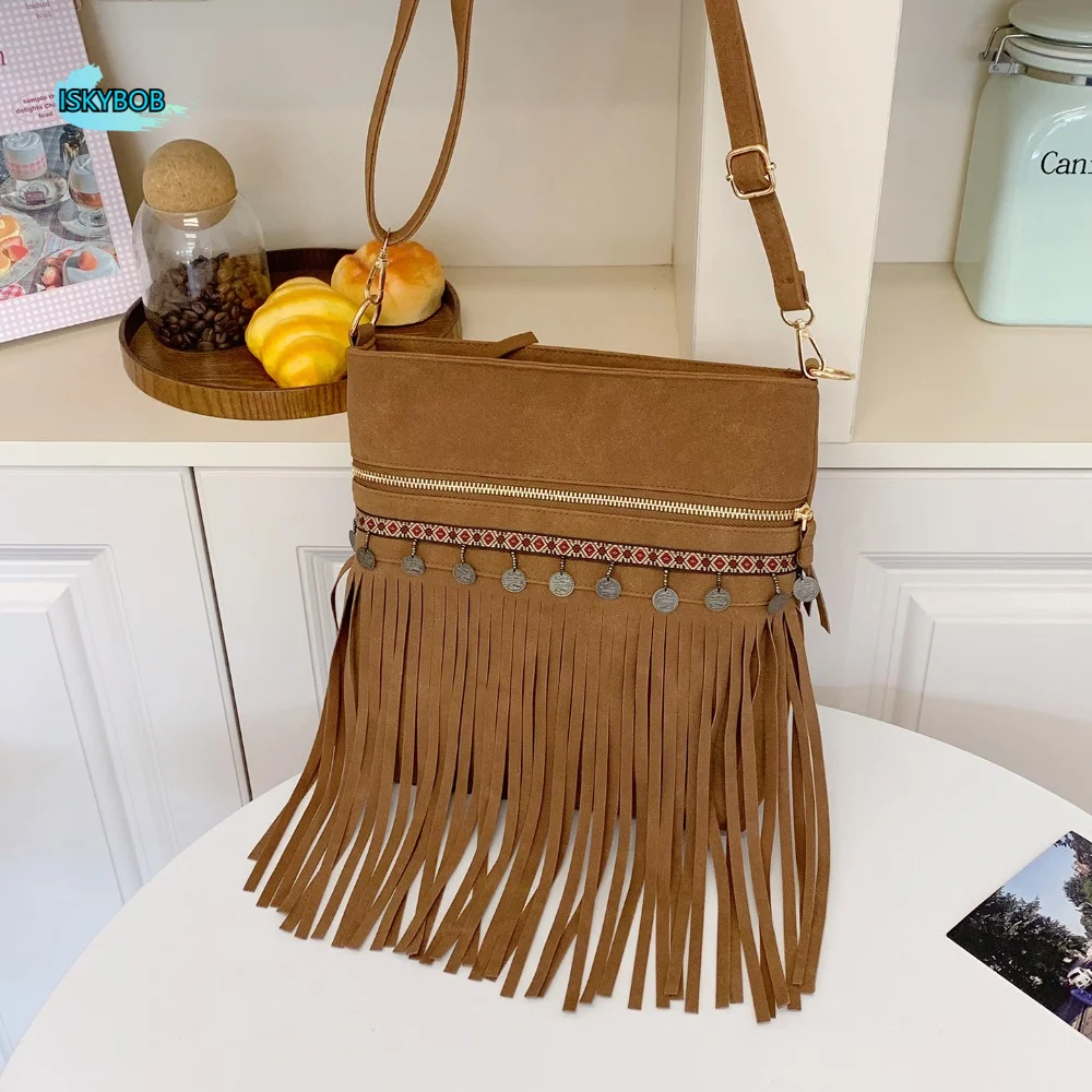 

Korean Style Fringe Suede Messenger Bag Solid Color Large Capacity Tassel Shoulder Bag Ethnic Style PU Leather Crossbody Bag