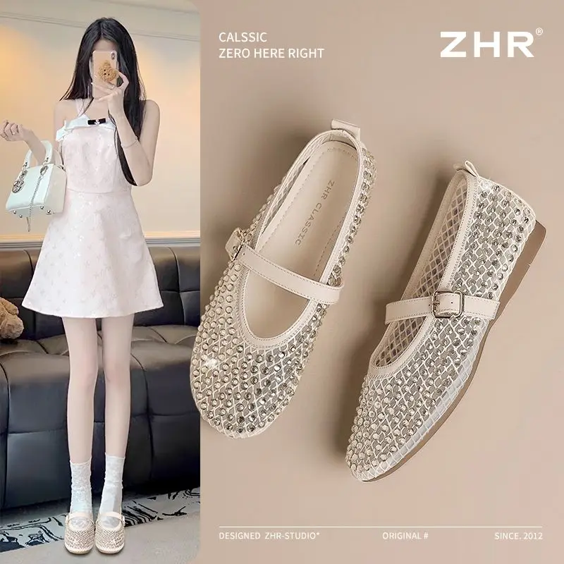 

ZHR water diamond hollow breathable flat bottom comfortable single shoe elegant soft sole breathable temperament women's shoes