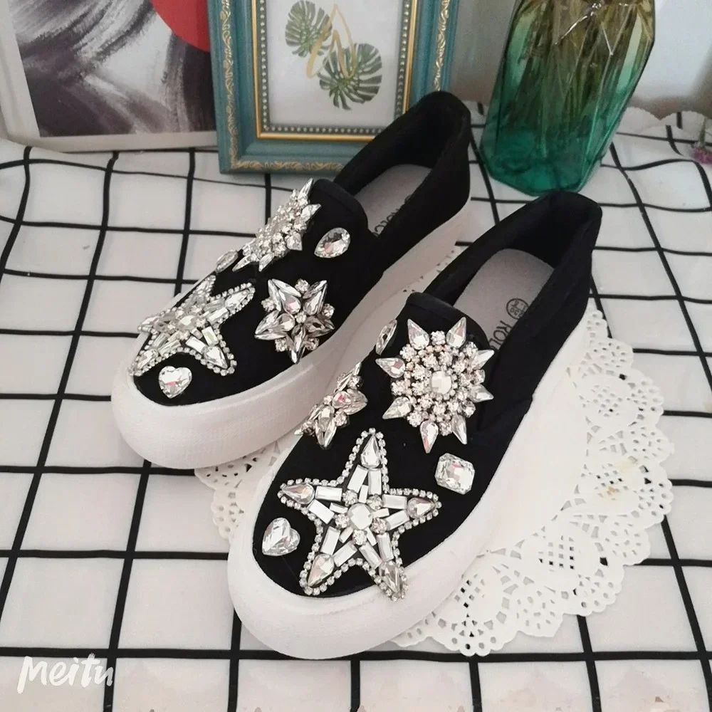 Womens Round Toe Canvas Platform Flats Sneakers Loafers Slip On Casual Rhinestones Diamond DIY Shoes Black White Girls