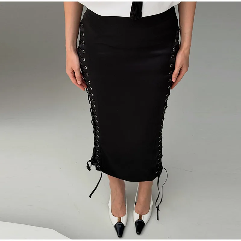 Eleganter Damen-Satin-Midirock mit hoher Taille, doppeltem Band, schlichtem Bodycon-Schnitt, Party- und Abend-Meerjungfrauenrock, Herbst 2026, Damen-Unterteil – Detail 3
