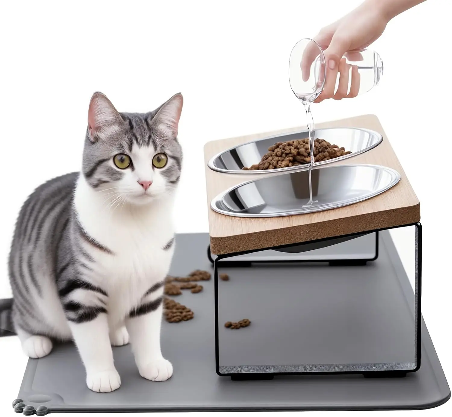 

Vet-Recommended 15° Tilted Cat Bowls - Anti-Vomit Raised Feeder with Stainless Steel Bowls & Food Mat, Ergonomic Dish