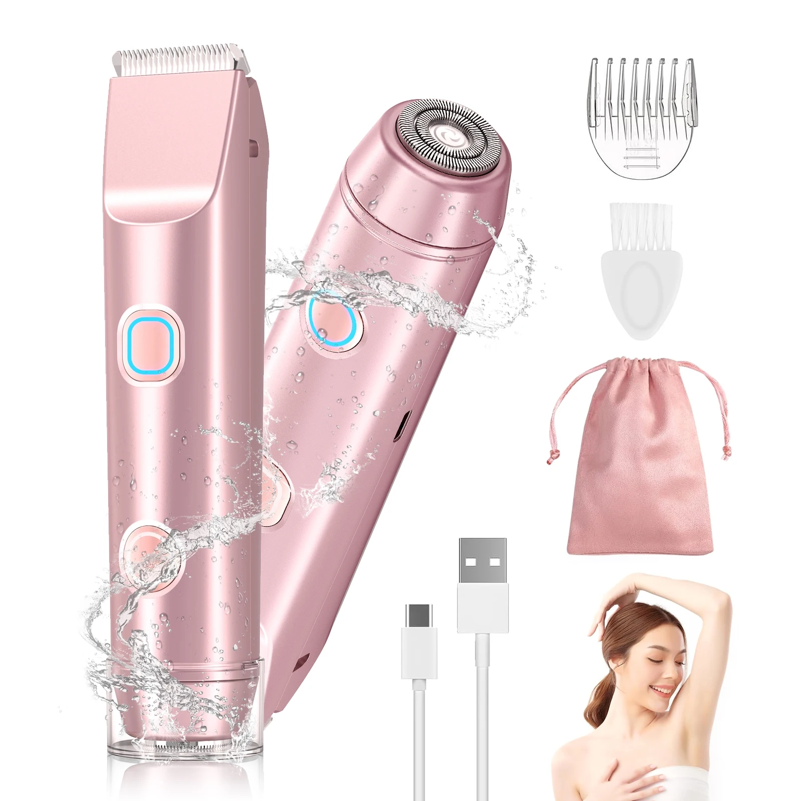 Electric Shaver for Women Waterproof Wet & Dry Hair Razors 2 in 1 Double Head Dual Bikini Hair Trimmer Detachable Head Shaver