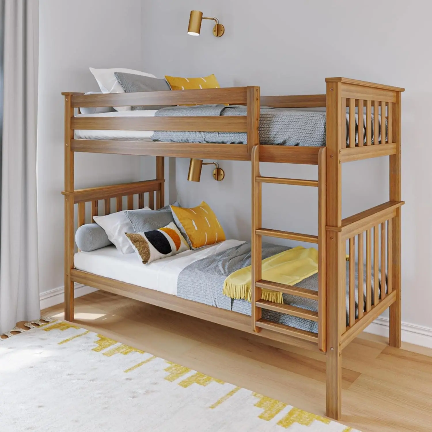 

Max & Lily Bunk Bed Twin Over Twin Solid Wood Frame with Ladder for Kids 14" Safety Guardrails Easy Assembly Pecan