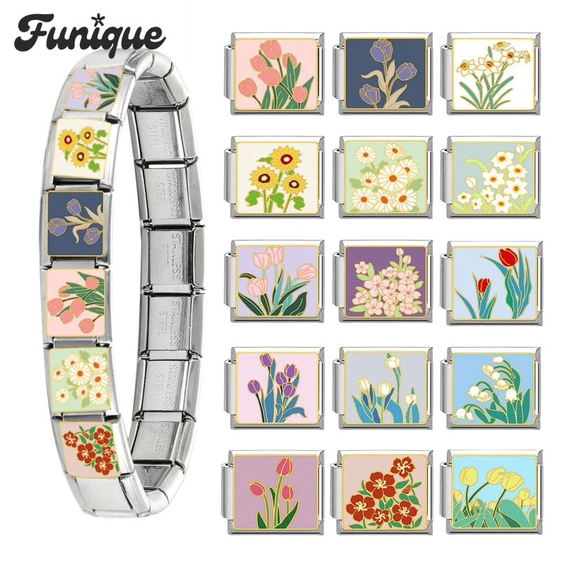 Romantic Rose Tulip Sunflower Planet Month Italian Charm Links Fit 9mm Bracelet Stainless Steel DIY Jewelry Making Birthday Gift