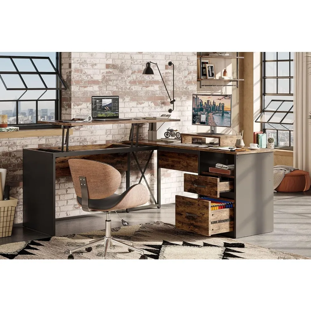 

Lift Top L Shaped Desk with File Drawer, 55'' x 55'' Office Desk with Reversible Storage Drawers, Adjustable Workstation w/ Moni
