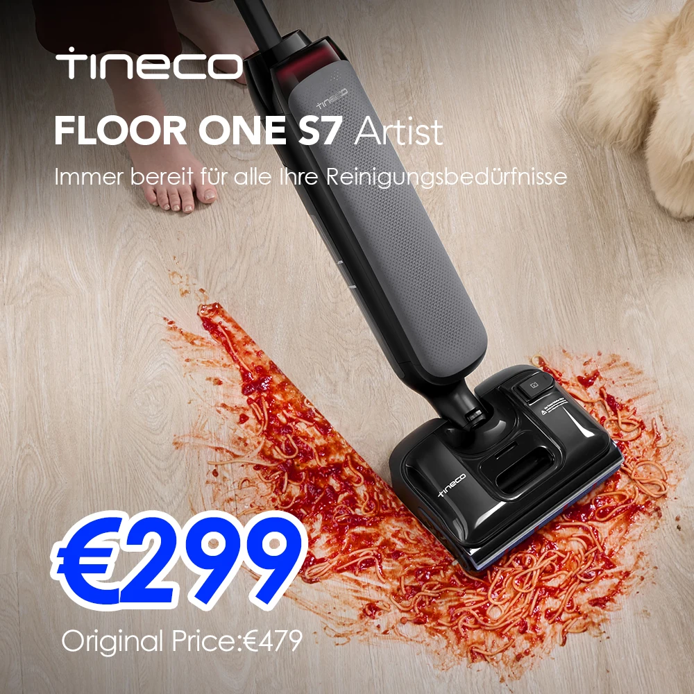 Tineco Floor One S7 Artist Nass Trockensauger, 22000Pa Nasssauger, DualBlock Anti-Tangle, 85°C Flashdry, 50 Min Laufzeit, Beidseitige Reinigung, 180° Lay-Flat Staubsauger für Hartböden Tierhaare ,
