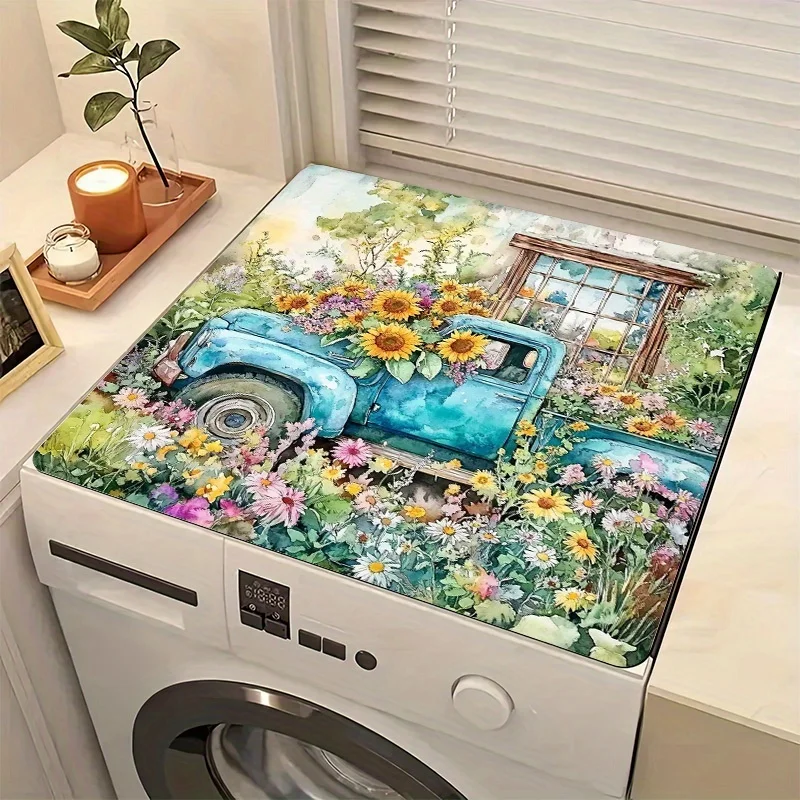 

1pc Floral Vintage Truck Design Dish Drying Mat & Washer Dryer Top Cover Protector - Quick-Dry Absorbent Polyester Mat for Kitch