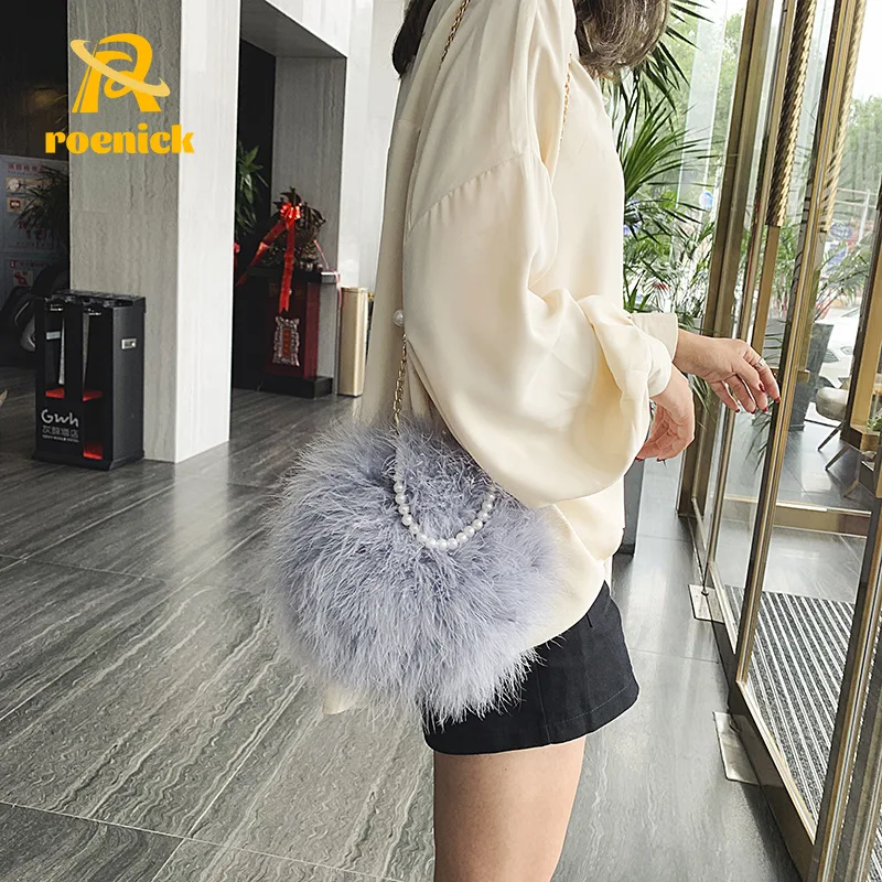 ROENICK Women Pom Pom Feather Evening Bags Pearl Handle Handbags Purse Banquet Cocktail Chain Shoulder Day Clutch Bolso Mujer