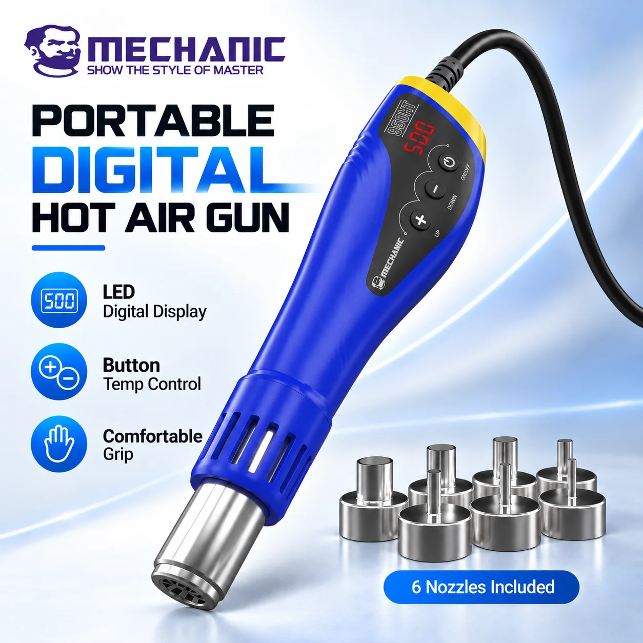 MECHANIC 958HT 600 W tragbare digitale Heißluftpistole mit LCD-Display 100–500 ℃   Einstellbarer Temperaturkomfortgriff für Reparaturwerkzeuge