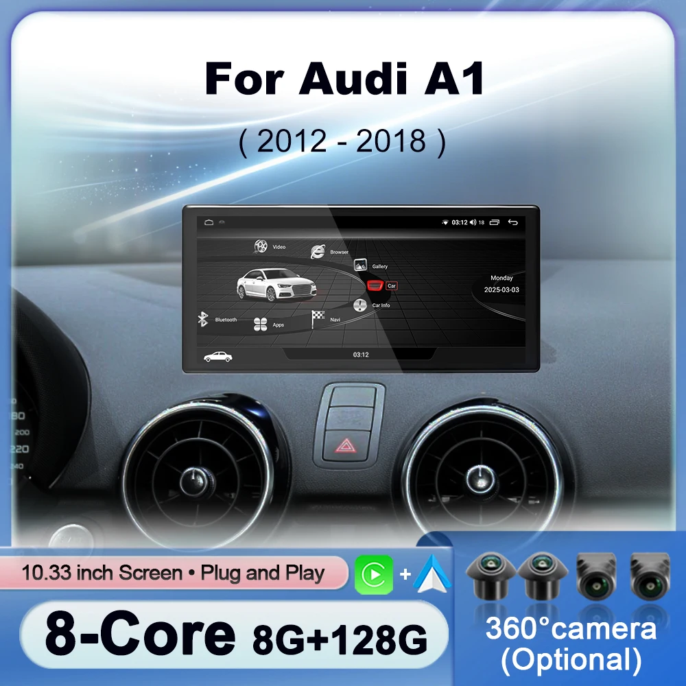 For Audi A1 2012-2018 Android 16 Car Radio Multimedia Display Touch Screen Wireless CarPlay Navigation GPS WIFI 4G DSP Stereo