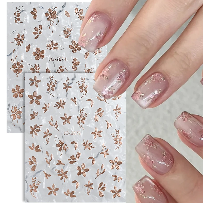 1/2pcs Rose Gold Flowers 3D Nail Art Stickers Simple Florals Petals Leaf Self Adhesive Nail Sliders Decorations For Nail Tips