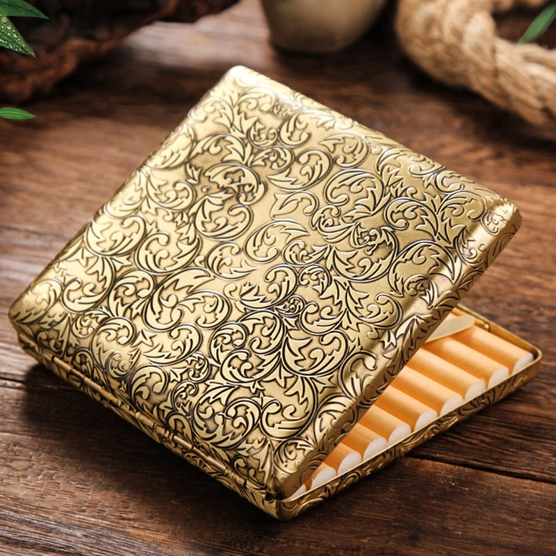 1Pcs Gold Portable Metal Cigarette Case for 20 Cigarettes Flip Open Cigarette Pocket Storage Box Holder Smoking Gift