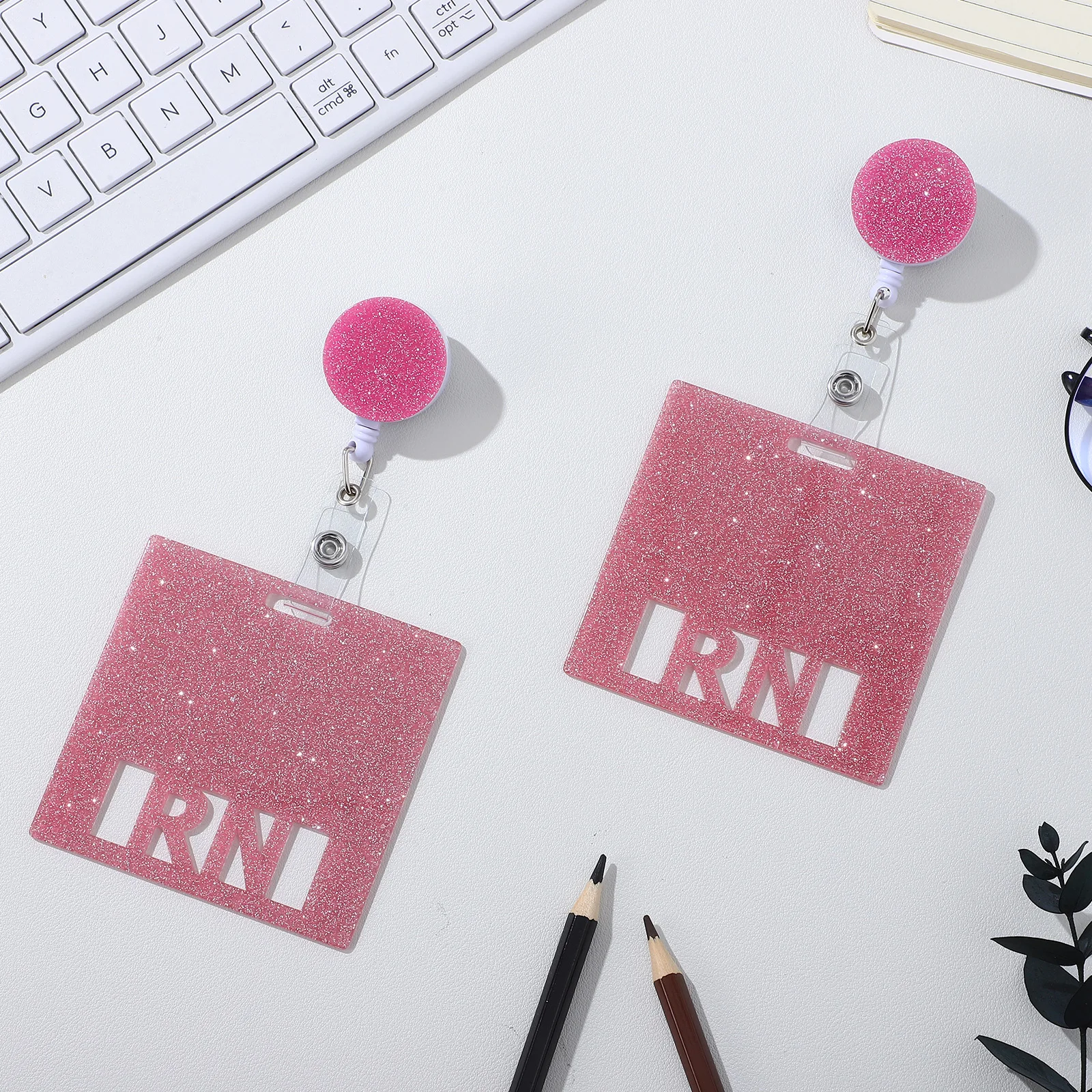 

2pcs Glitter Pink Nurse Badge Cards Premium Acrylic Horizontal Id Holders Retractable Buckle Lightweight For Hospitals