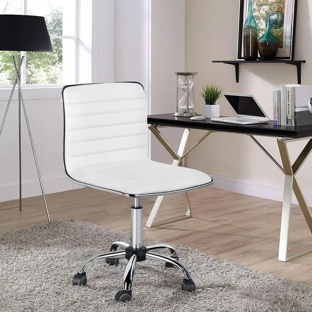 Adjustable Task Chair PU Leather Low Back Ribbed ArmlSwivel White Desk Chair Oice Chair Wheels view 2
