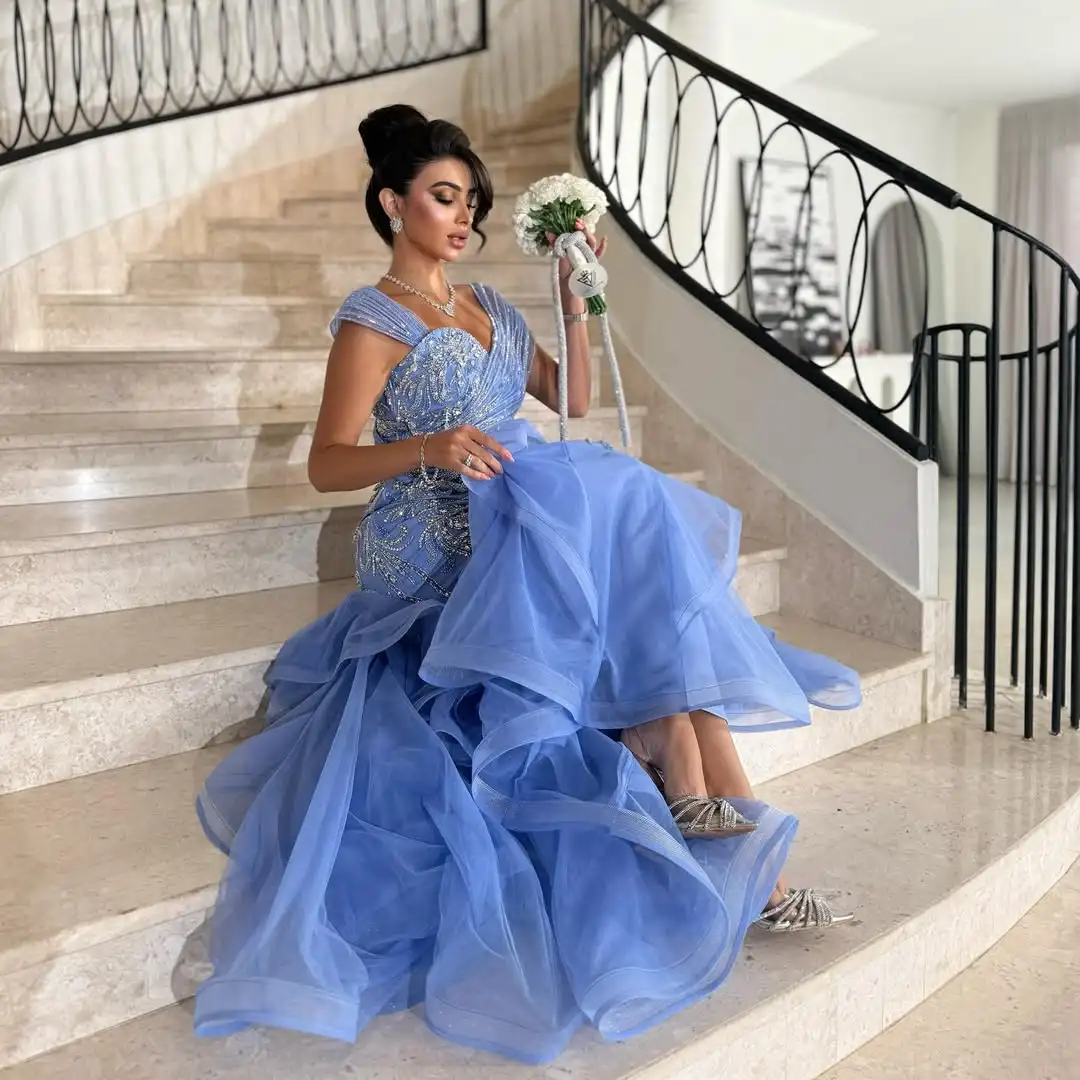 Meetlove Blue Tulle Customized Evening Dresses Sleeveless Crystal Floor Length Mermaid Luxury Beading Prom Gowns For Women