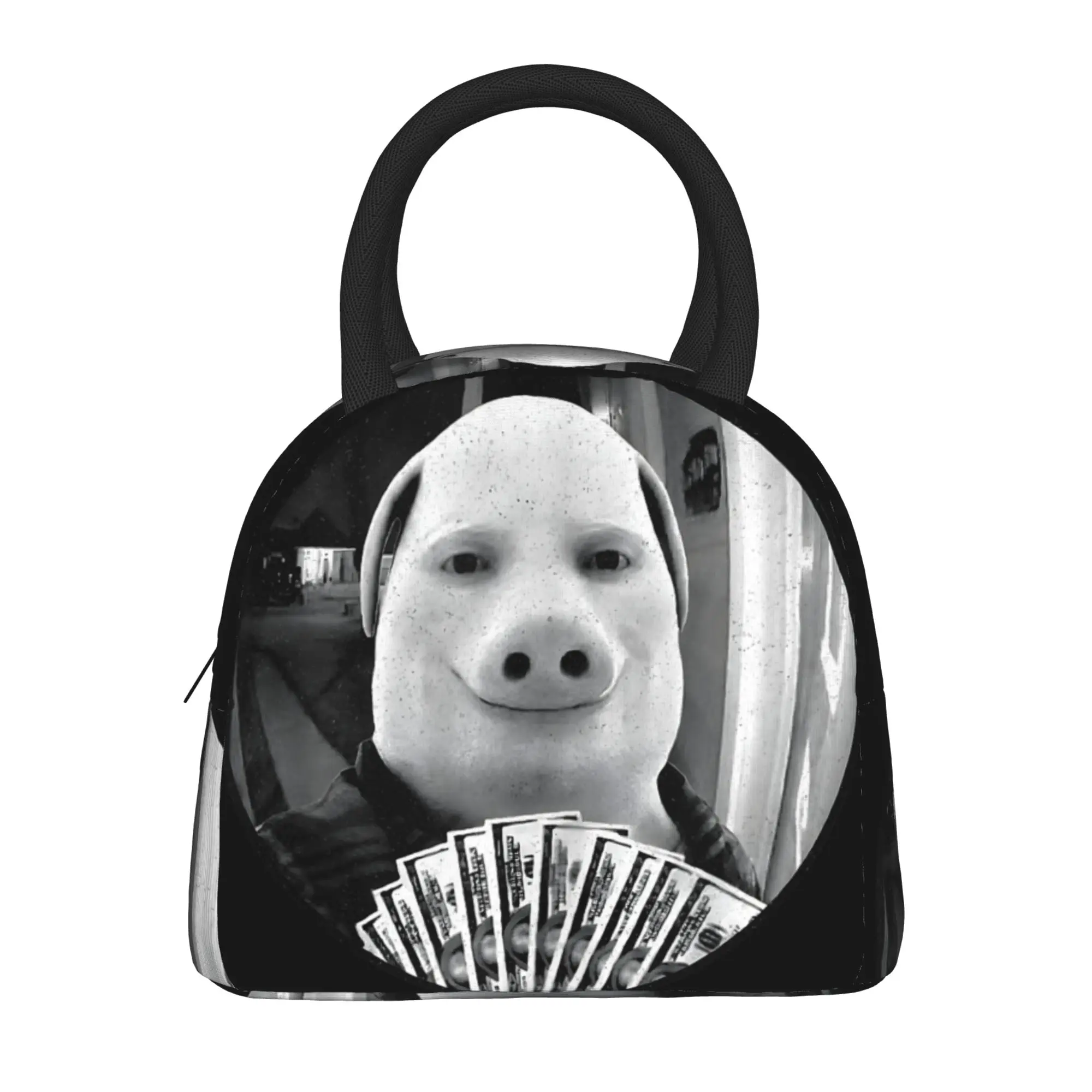 John Pork Front Door Delivery Meme Pig Man Holding Money Art Lunch Bag Lunch Box Outdoor Picnic Convenient Thermal Tote Handbags
