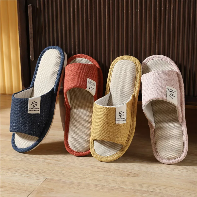 2024 All Seasons Women\'s Slippers Comfortable Cotton Linen Open Toe Slippers Soft Flats Silent Home Shoes Couple Hemp Slippers