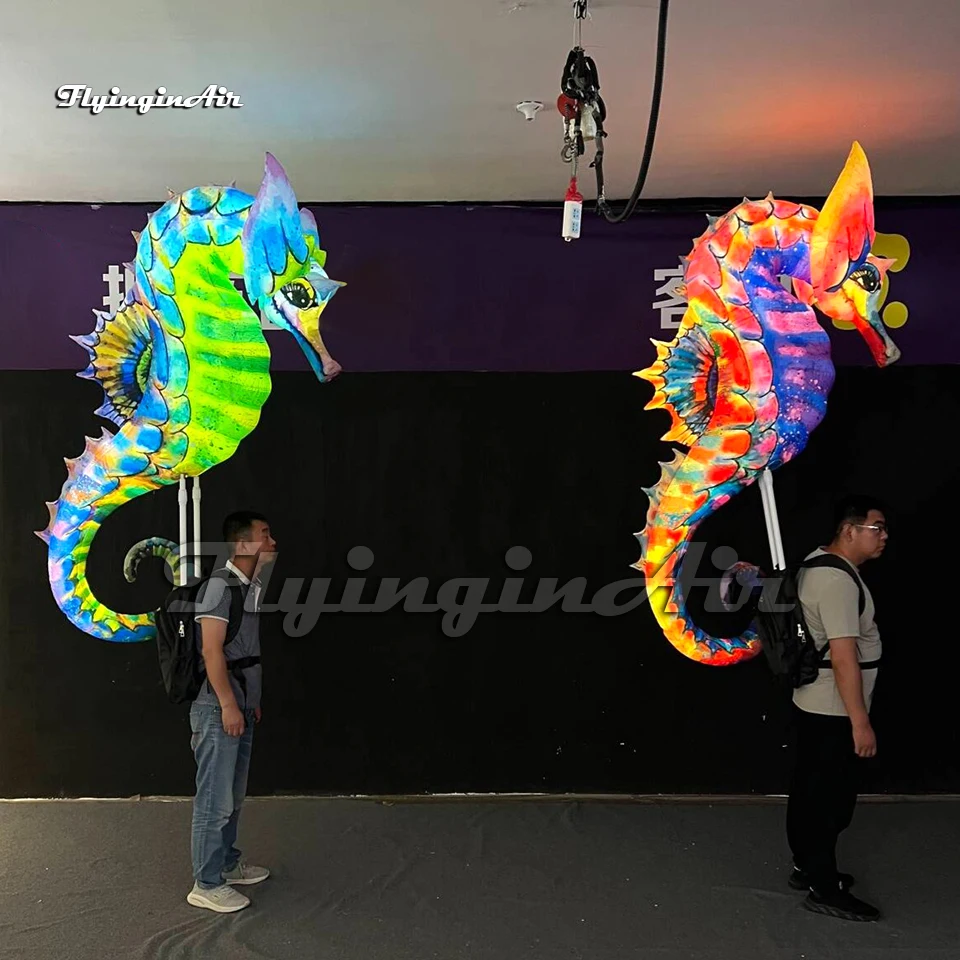 2m/3m Illuminated Walking Inflatable Seahorse Puppet Sea Animal Balloon Blow Up Hippocampus With LED Light For Parade Show