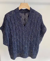 Short sleeve V-neck sequinned sweater