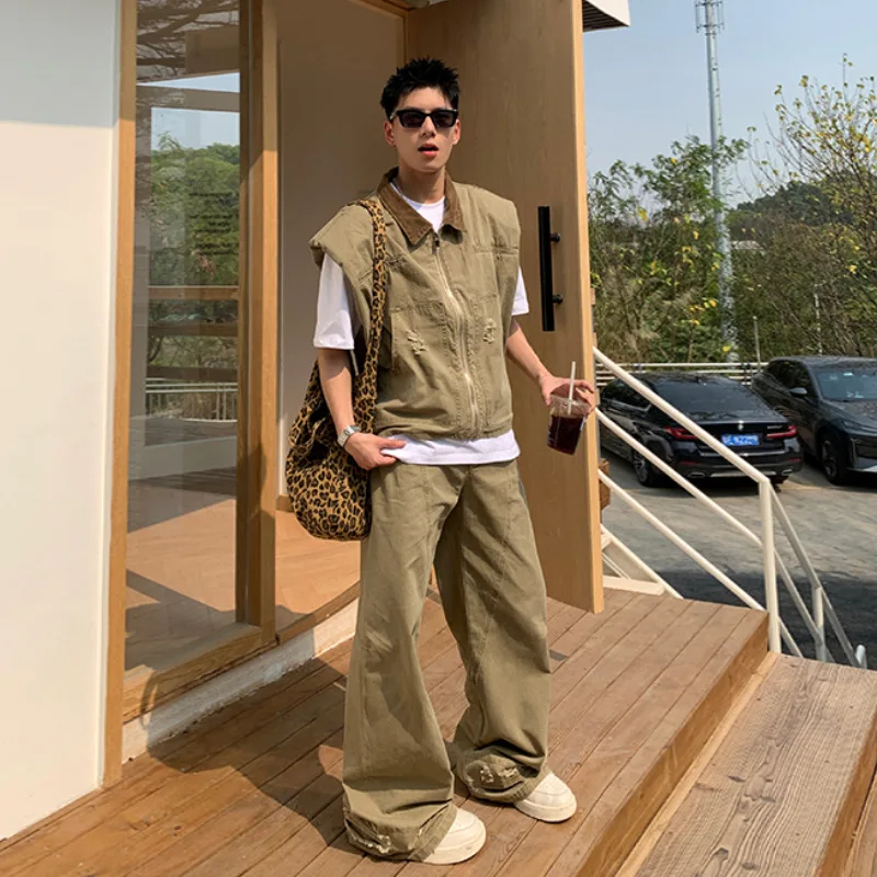 Man Denim Vest Jeans Set 2026 Men American Vintage Denim Outfit Oversized Sleeveless Vest Jacket Loose Denim Pants 2 Piece Set