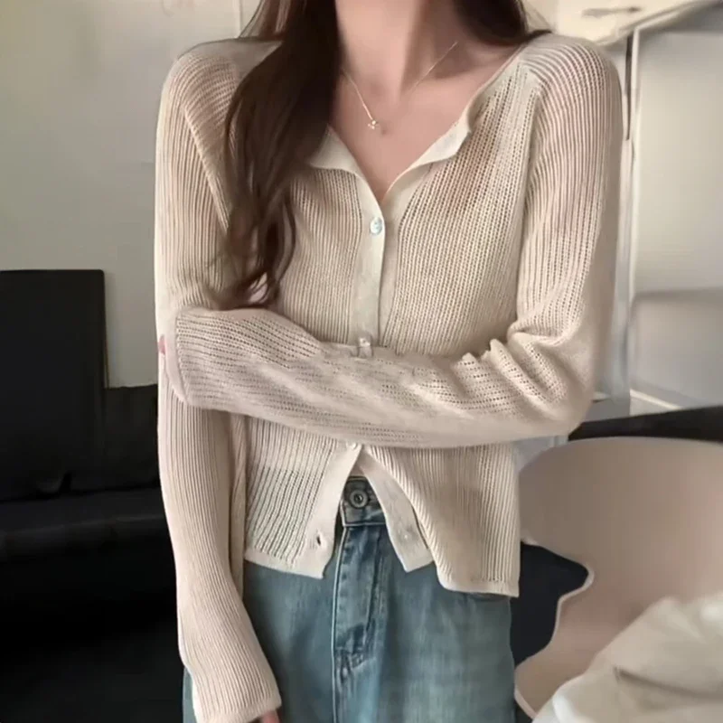 Semi-Sheer Knitted Cardigan for Women Teen-girl Long Sleeve Button Down Sweater Tops Cover Up Spring Summer Basic Outfit