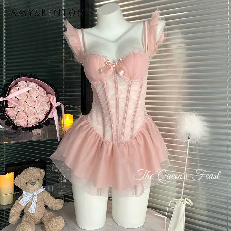 

Sling Sweet Lace Fishbone Bra Women with Chest Pads Sexy Gathering Skirt A Pure and Sensual Hollowed-out Date Nightgown