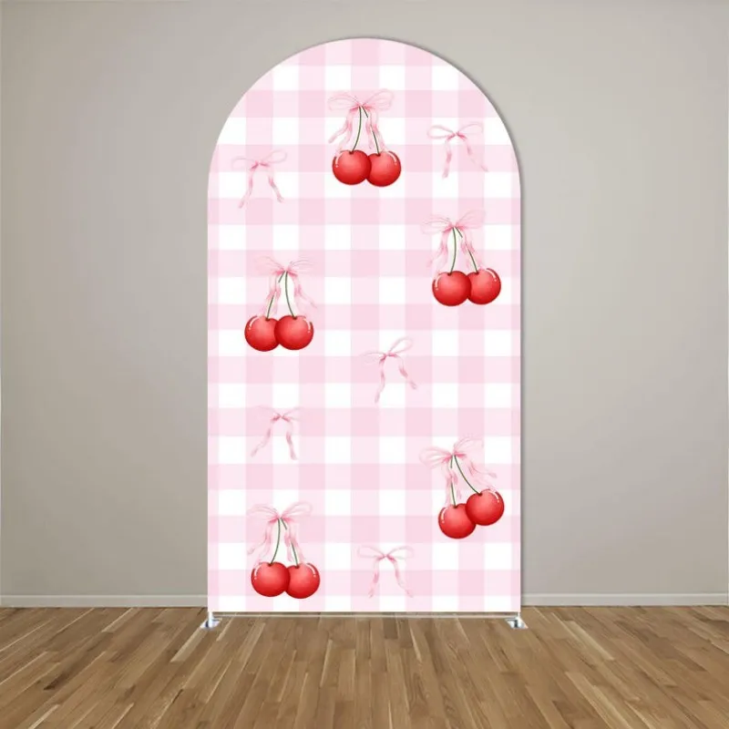 VIKAMA Pink Gingham Cherry Arch Party-Hintergrund, „She's The Cherry On Top“-Banner für Babyparty und Geschlechtsenthüllung – Detail 3