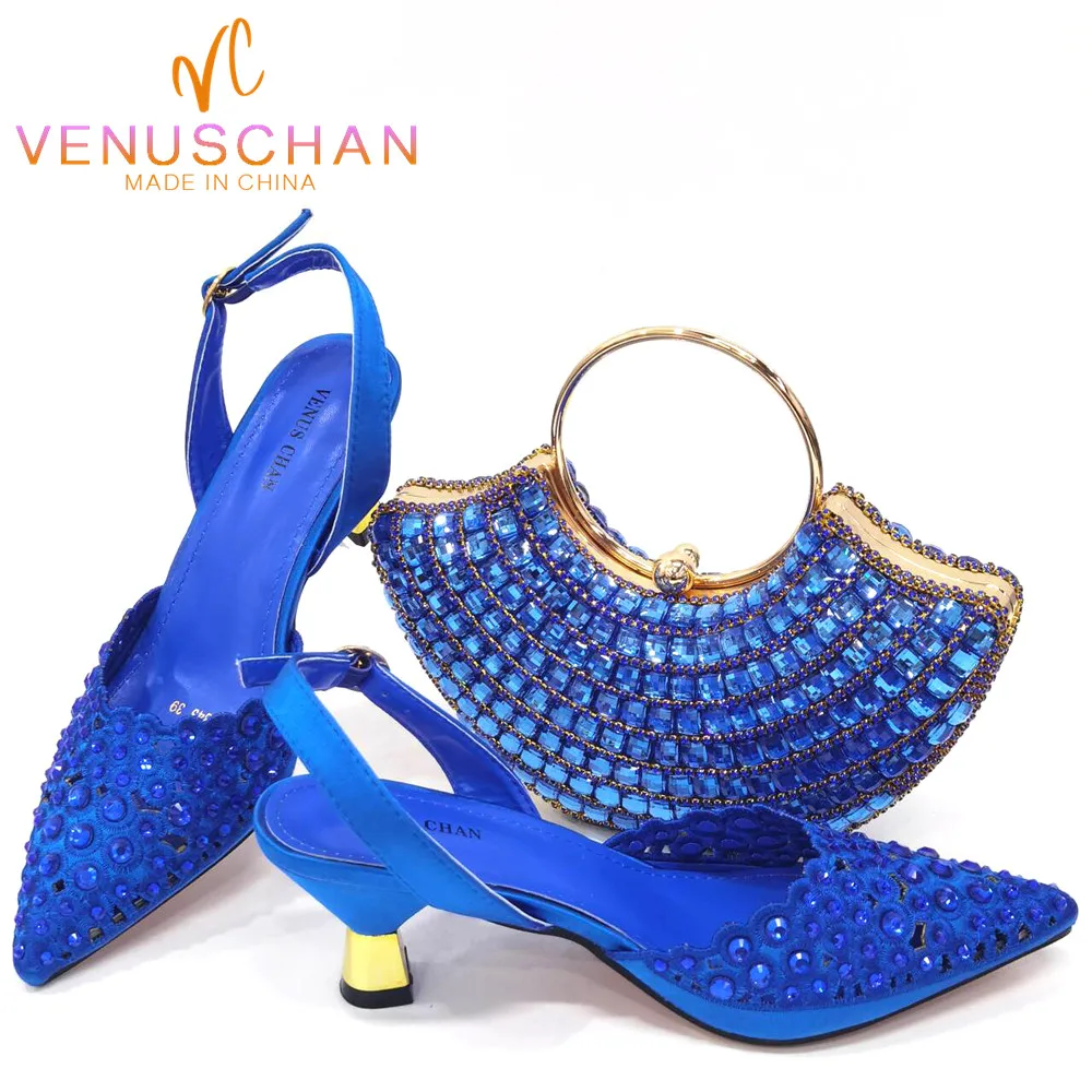 Venus Chan New Arrival Italian Design Nigerian Fashion Party Wedding Shoes and Bag Set Decorated With Flower in Blue Color