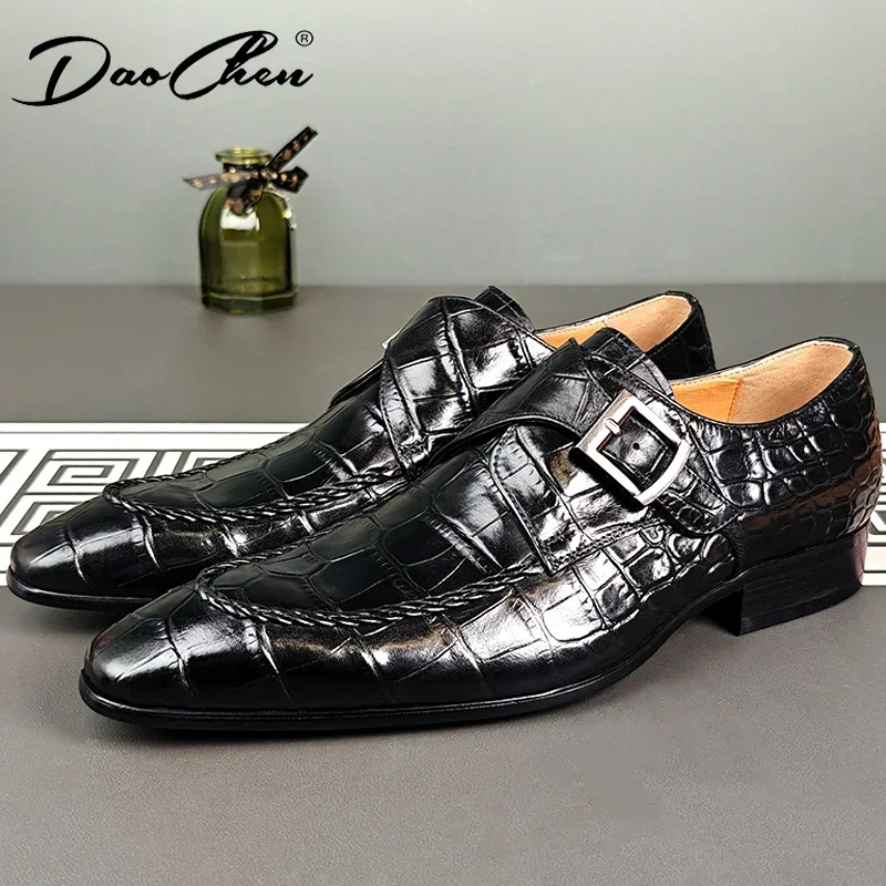 Luxury Men Shoes Slip-On Black Crocodile Print Woven Pattern Loafers Mens Dress Shoes Wedding Office Leather Shoes Men