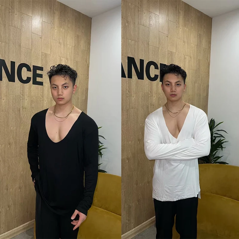 

New Latin Dance Clothes Shirt Long Short Sleeves Tops Deep U-neck Top Men Latin Dance Practice Clothes Dance Costumes DN21092