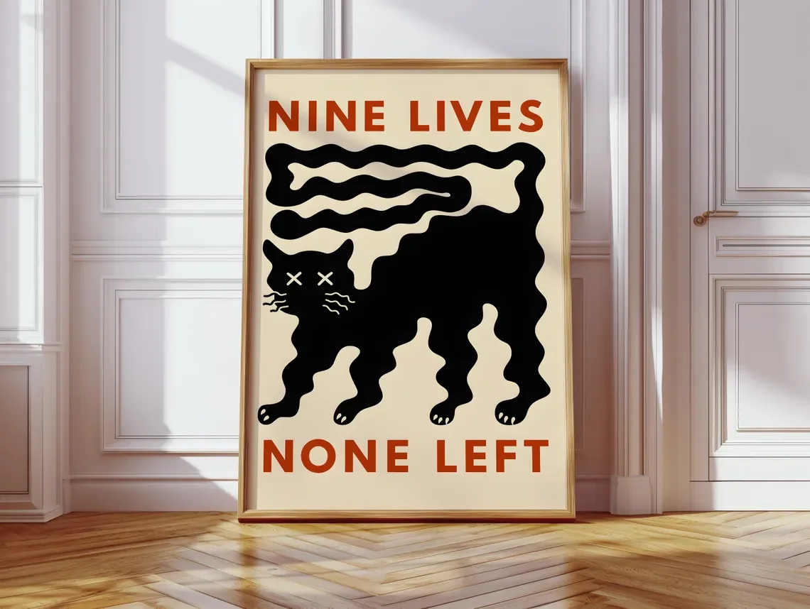 Edgy Retro Cat Wall Art - Minimalist Wavy-Lined Print of a Black Cat Embracing Exhaustion, Blending Mid-Century Modern Aesthetic