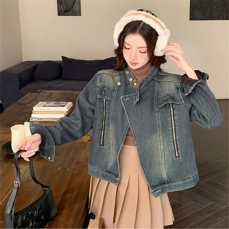 Moda gola alta denim jaqueta feminina novo outono inverno vintage mangas compridas jeans casaco feminino solto roupas de cowboy t1437